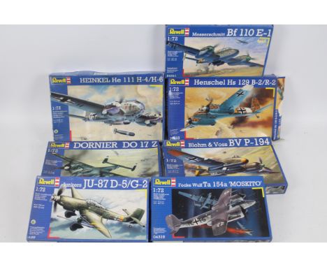 Revell - Seven boxed 1:72 scale plastic military aircraft model kits by Revell. Lot includes #04319 Focke Wulf Ta154a 'Moskit