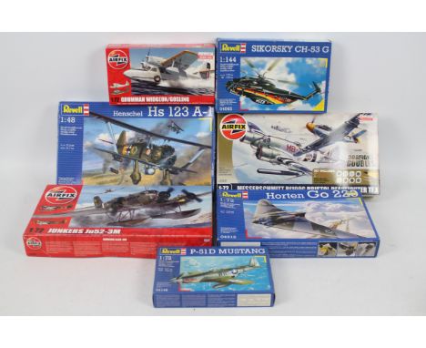 Airfix - Revell - Seven boxed plastic model aircraft kits in various scales. Lot includes Airfix A05008 Junkers Ju52-3M; Reve