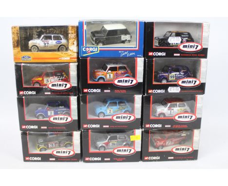 Corgi - 12 x boxed Mini models in 1:36 scale, most are Mini 7 Racing Club models including number 12 Kelly Rogers # CC82243, 