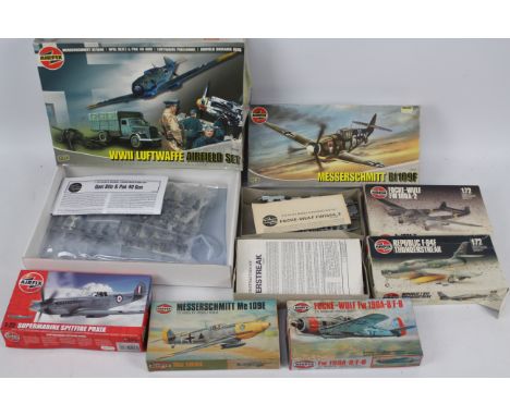 Airfix - Seven boxed plastic military aircraft model kits in various scales. Lot includes #03022 1:72 Thunderstreak; #02048 1