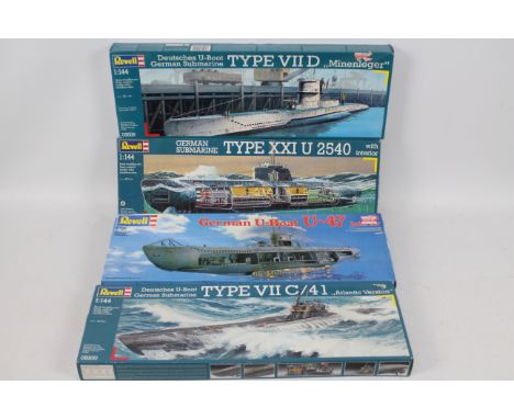 Revell - Four boxed German submarine plastic model kits by Revell. Lot consists of Revell #05060 U-Boat U-47 and three 1:144 