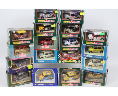 Corgi - 18 x boxed Mini racing models in 1:36 scale including Geoff Taylor number 8 car, Tony Ragona number 26 car, Neil Burg