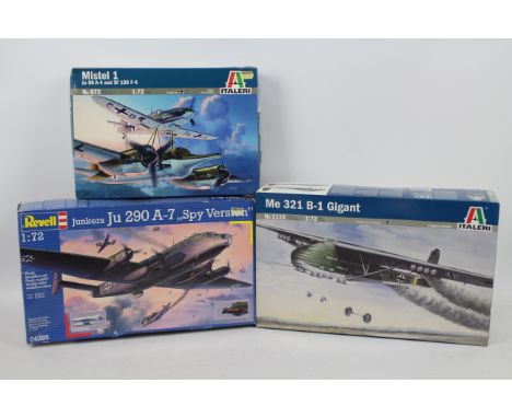 Revell - Italeri - Three boxed 1:72 scale plastic military aircraft model kits. Lot consists of Revell #4285 Junkers Ju290 A-