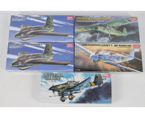 Academy - Five boxed 1:72 scale German WW2 military aircraft plastic model kits by Academy. Lot includes #1641 Junkers Ju87G1