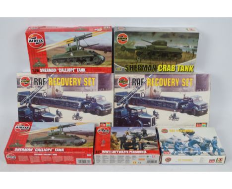 Airfix - Seven boxed military vehicle and personnel plastic model kits in various scales from Airfix. lot includes #03305 1:7