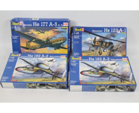 Revell - Four boxed plastic model military aircraft kits in various scales. Lot consists of #04723 1:32 scale Heinkel He162 A