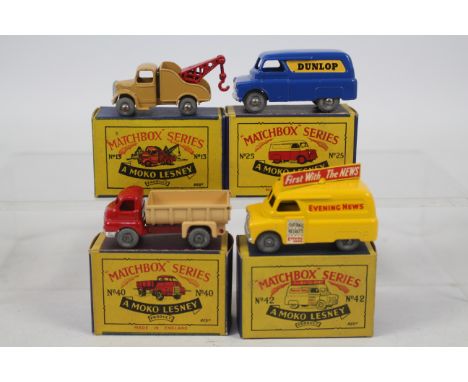 Matchbox - Moko Lesney - 4 x boxed Bedford models, Breakdown Truck No.13, CA Van in Dunlop livery No.25, Tipper Lorry No.40, 
