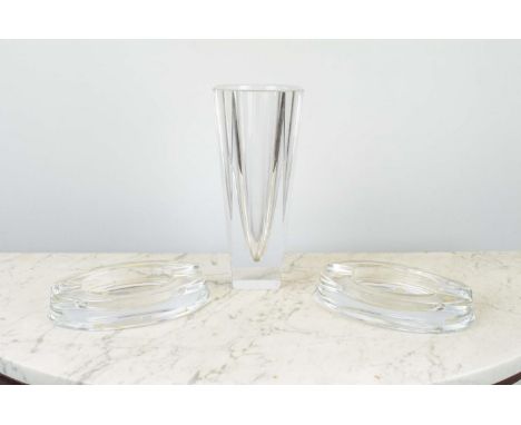 BACCARAT CRYSTAL TRANQUILITY ASHTRAYS, a pair, along with an Orrefors glass vase, vase 21cm H. (3) 