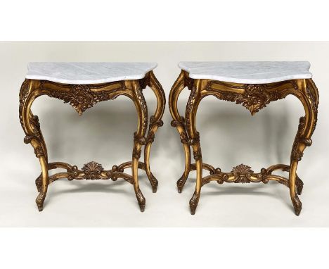 CONSOLE TABLES, a pair, French Louis XV style serpentine marble and giltwood, 72cm W x 39cm D x   80cm H. (2) 