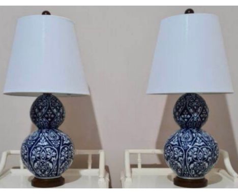 LAUREN RALPH LAUREN HOME TABLE LAMPS, a pair, double gourd blue and white ceramic, with shades, 54cm. 