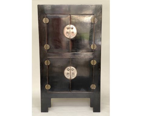 CHINESE LINEN CABINET, 210cm H x 119cm W x 56cm D, black lacquered and silvered metal mounted with two pairs of panel doors. 