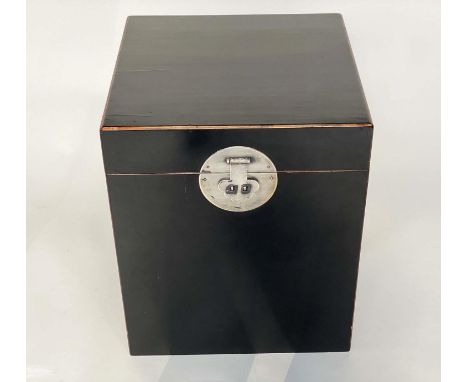TRUNK, black lacquered Chinese with silvered metal mounts and rising lid, 50cm x 50cm x 60cm H. 
