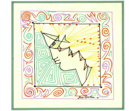 AFTER JEAN COCTEAU, profile on silk, signed in the plate, Green Bobbin frame, 77.5cm x 80cm. 