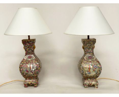 TABLE LAMPS, a pair, Chinese ceramic famille verte and gilded of facetted vase form (with shades), 60cm. (2) 