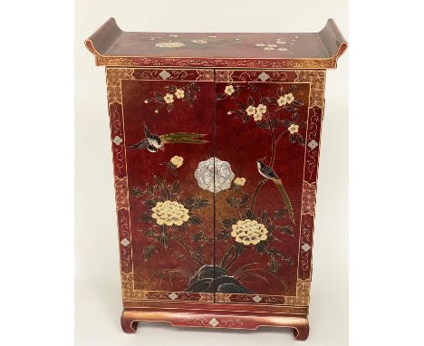 CHINESE SIDE CABINET, scarlet lacquered and gilt Chinoiserie decorated and silvered metal with two panel doors, 71cm x 102cm 