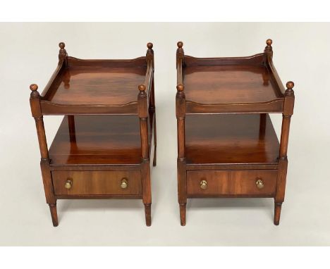 LAMP TABLES, a pair, George III design yewwood each galleried with two tiers and drawer, 41cm x 50cm x 62cm H. (2) 