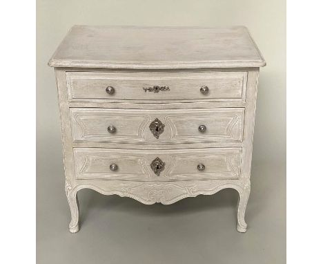 COMMODE, French Louis XV style grey painted and silvered metal mounted with three long drawers, 74cm x 77cm H x 48cm. 