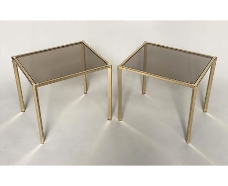 LAMP TABLES, a pair, rectangular gilt metal frames with sepia glass tops, 52cm x 38cm D x 42cm H. (2) 