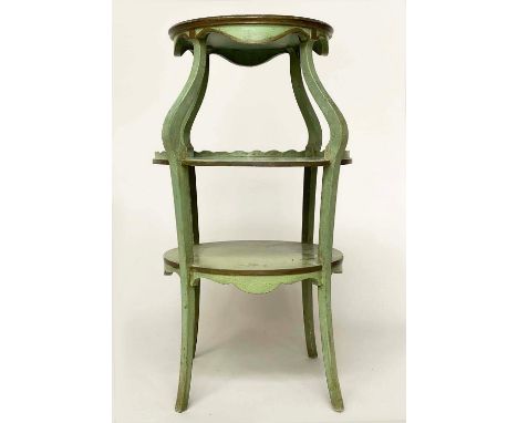 LAMP TABLE, 76cm H x 48cm W, early 20th century green with hand painted bouquets and three circular tiers. 