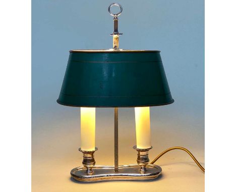 BOUILLOTTE TABLE LAMP, early 20th century silver plated with adjustable oval green toleware shade, 37cm H. 