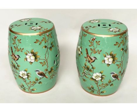 CHINESE STOOLS, 45cm H, a pair, ceramic pierced barrel form, with gilt bird and flower decoration. (2) 