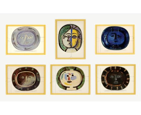 AFTER PABLO PICASSO, quadrichromes, six studies of ceramic plates, hand painted yellow bobbin frames, 27cm x 37cm. 