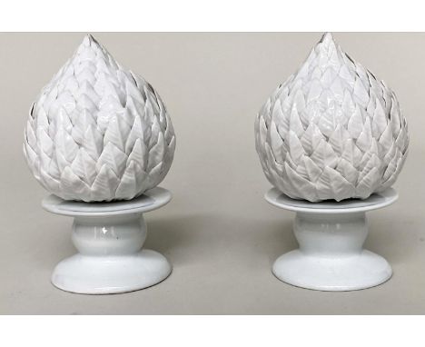 OBELISKS, a pair, Spanish white ceramic leaf form, 23cm H. (2) 