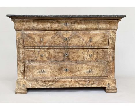 COMMODE, 19th century French Louis Philippe figured walnut and silvered metal mounted with marble top and four long drawers, 
