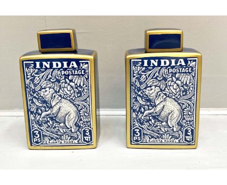 GINGER JARS, a pair, 31cm high, 18cm wide, 12cm deep, glazed ceramic, vintage reproduction Indian postal stamp design. (2) 