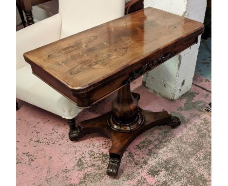 CARD TABLE, 46cm x 91cm x 78cm H, William IV, rosewood with carved detail and red baize top. 