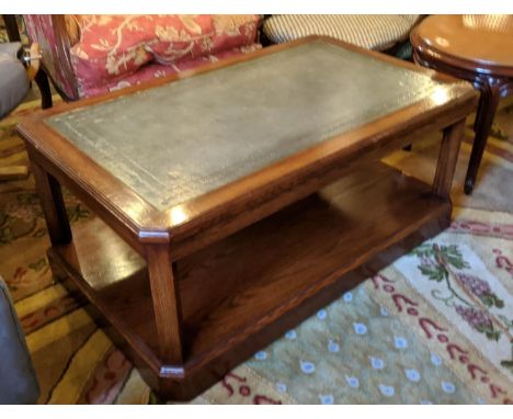 COFFEE TABLE, 102cm x 46cm H x 63cm, oak with green leather top and canted corners. 