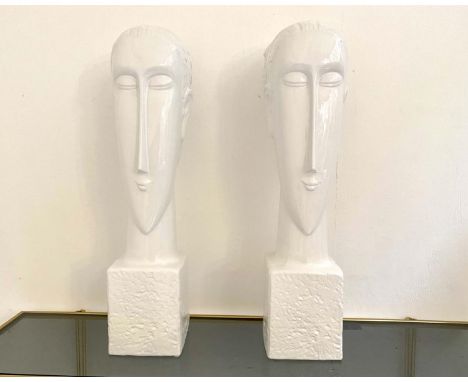 CONTEMPORARY SCHOOL, untitled sculptural busts, a pair, glazed ceramic, 50cm H x 14cm w x 15cm D. (2) 