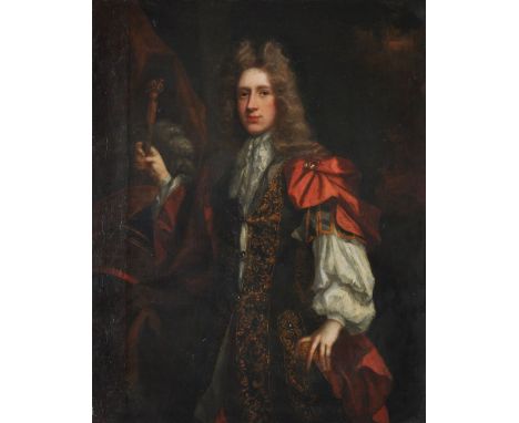 Attributed to John Riley (British 1646-1691)   A portrait of Edward Turnour in a red cloak; A portrait of his wife   Oil on c