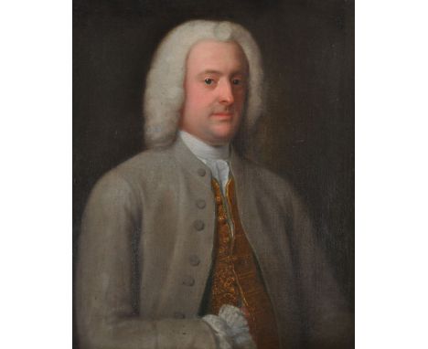 British School (18th century)   Portrait of a gentleman wearing a grey jacket and gold embroidered tunic, half length   Oil o