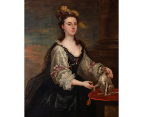 John Vanderbank (British 1694-1739)   Portrait of Elizabeth Innes, three-quarter length, in black and white dress, with a dog