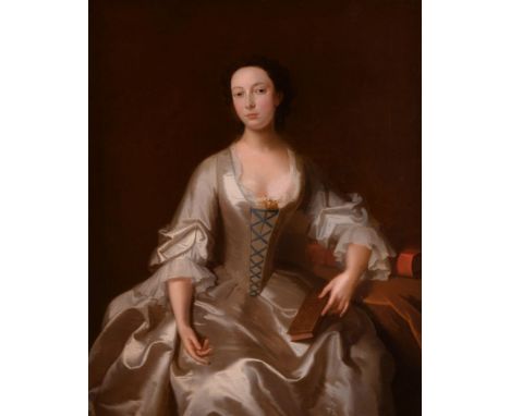 Attributed to Thomas Bardwell (British 1704-1767)   Portrait of a lady in white, seated, holding a book   Oil on canvas, in a