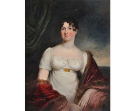 Circle of George Henry Harlow (British 1787-1819)   Portrait of a lady wearing a red shawl; Portrait of a gentleman holding a