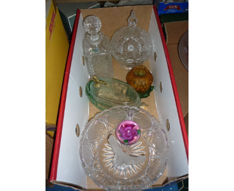 A quantity of glass including Goebel bird, square decanter, lidded bowl, fruit bowl, tapped decanter, paperweight and lamp sh