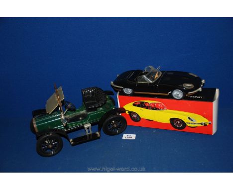 A Lendulet auto black Jaguar E type Roadster, 1:18 scale in original box and a vintage style model 'Corinthian' car in green,
