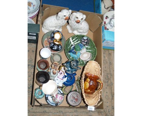 A quantity of miscellaneous china to include Sylvac flower trough, Savoy china pair, pair of mantle Spaniels, Prinknash vases