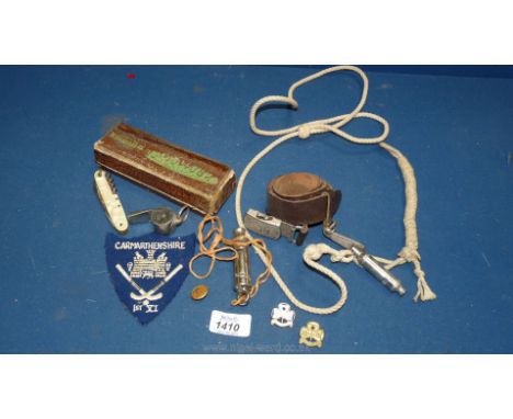 A Chromonica Harmonica, a Girl Guide belt and whistle, a Police Whistle and Acme Thunderer Whistle, penknife, etc.