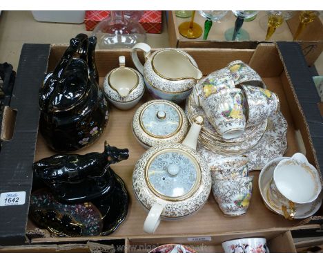 A quantity of china including Crinoline lady Burslem part tea set, Lungard four piece Teaset, black cow creamer, etc.