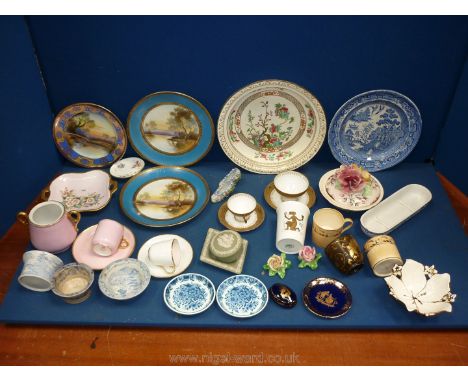 A quantity of china including cabinet cups and saucers, flower encrusted shoes, green Wedgwood Jasperware, etc.
