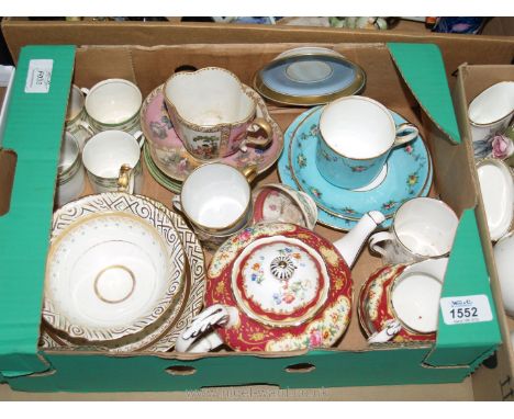 A small Paragon teapot, milk jug and sugar bowl, blue trio, coffee cans and saucers.