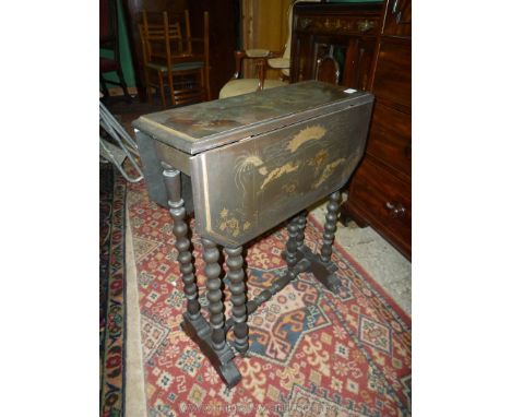 A lacquered Sutherland Table having bobbin turned legs, the top 22 3/8'' x 7 1/4'' extending to 25 5/8'' decorated with five 