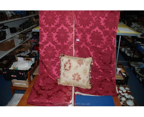 Four pair of ruby curtains 70" wide 82" drop, together with another pair of ruby curtains 70" wide 60" drop and a cushion.