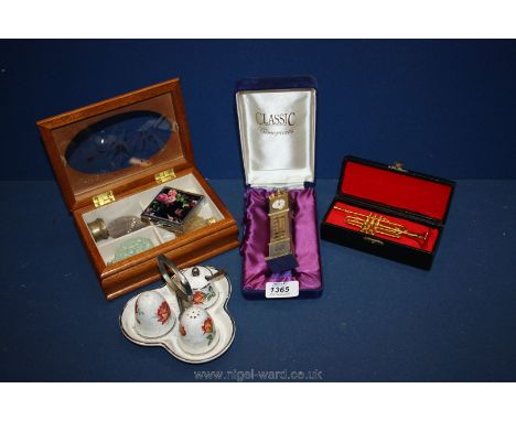 A miniature brass trombone, jewellery box and contents, Midwinter cruet set, etc.