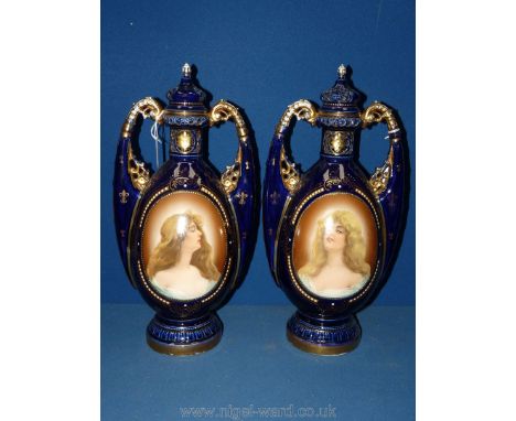 A pair of Royal Vienna lidded Vases by Ernest Wahliss (1860-1880), decorated with a panel of a lady portrait.