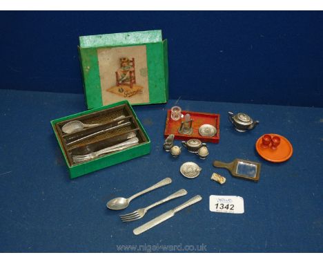 A small box of miniature cutlery, tea set, egg timer, tray, mirror, etc.