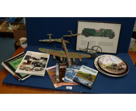 Two boxes of 'trains, boats, cars and planes'' including Airfix Battle of Briatin flight (assembled), engine, commemorative p